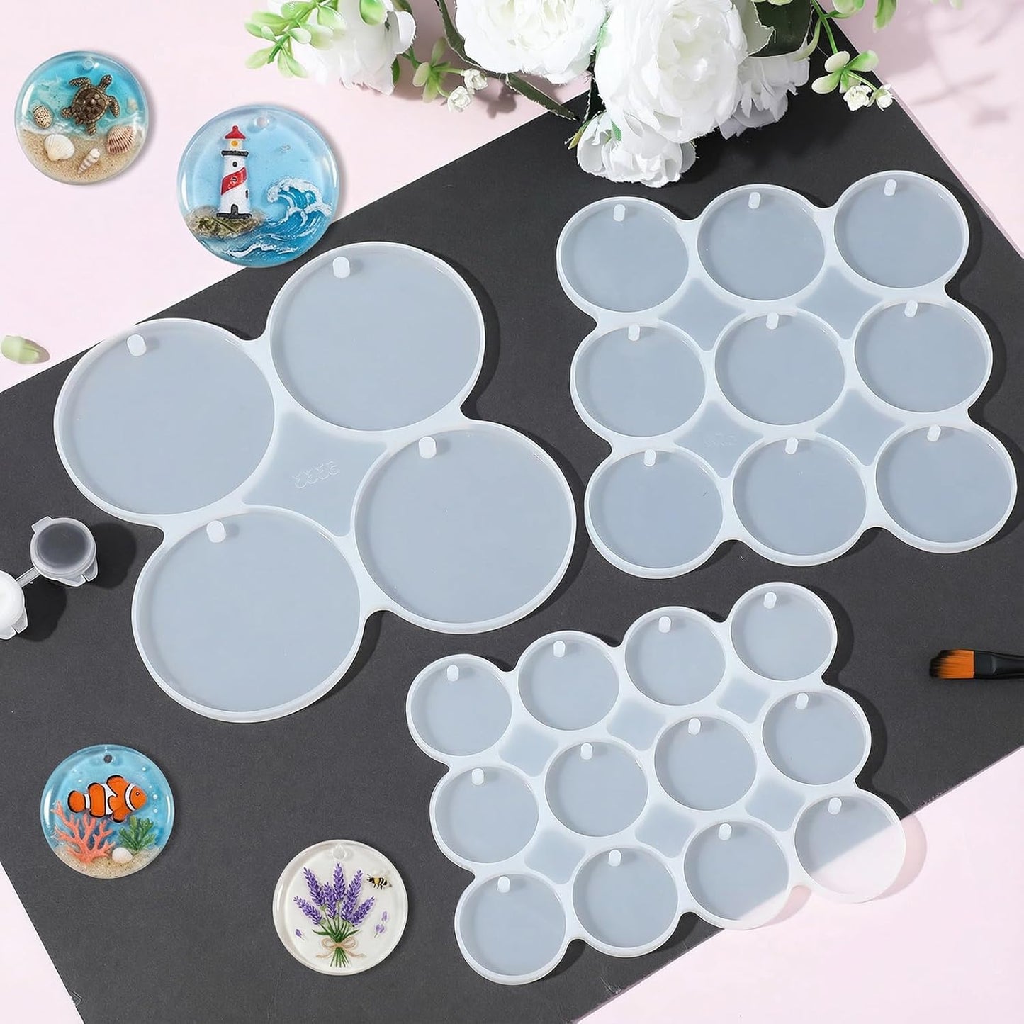3pcs Silicone Circle Mold,Round Resin Molds Silicone,Key Chain Resin Molds with Hole,4/9/12-Cavity Round Pendant Ornament Mold for DIY Jewelry,Keychains,Ornaments
